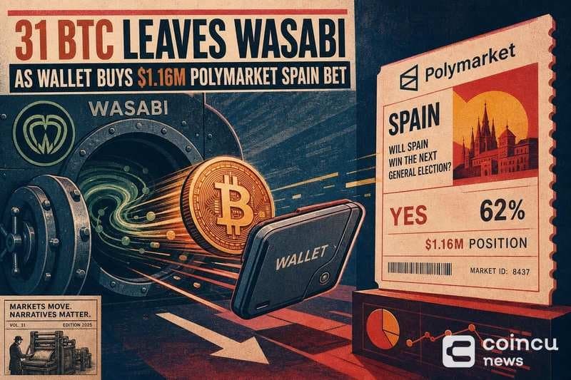 Wallet Moves 31 BTC from Wasabi, Places $1.16M Bet on Spain in Polymarket